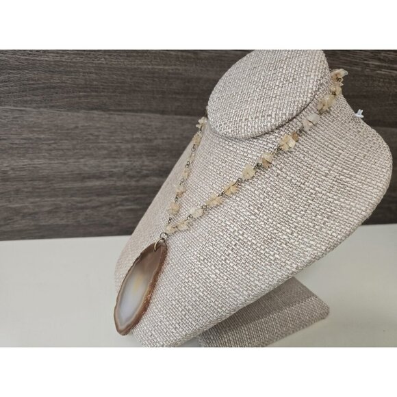 Vintage 70s Natural Stone Agate Geode Pendant Necklace Brown/Ivory Slice - Picture 7 of 7